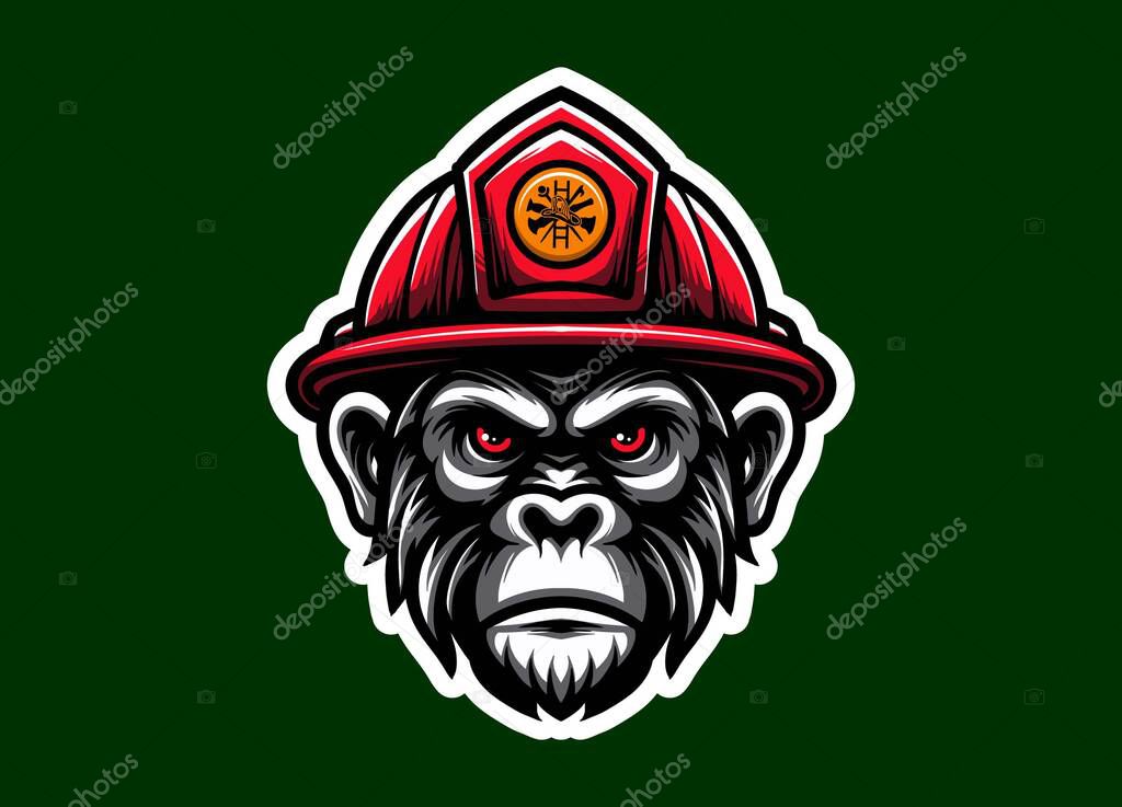 Fierce ape mascot head wearing a firefighter helmet, symbolizing bravery and strength. Perfect for logos, badges, team branding, illustrations, and emergency service-related graphic designs