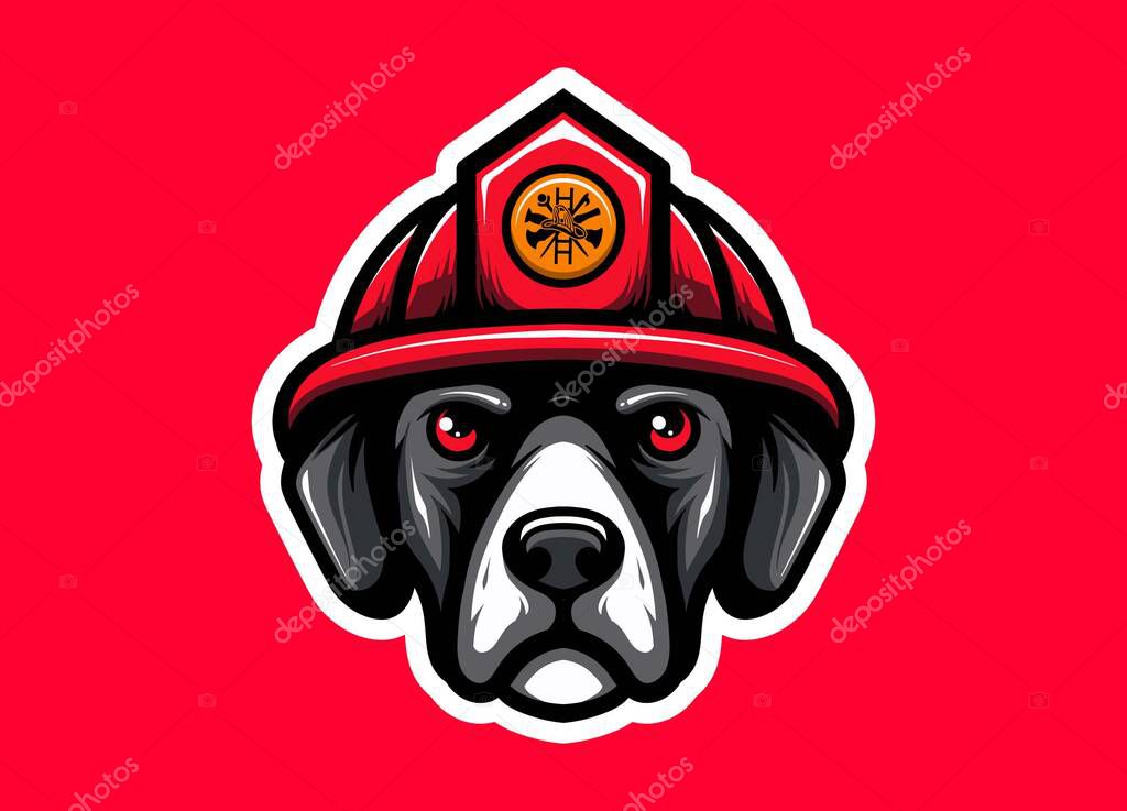 Bold mascot design of a dog head wearing a firefighter helmet, perfect for logos, emergency-themed illustrations, rescue team branding, heroic concepts, and bold vector artwork.