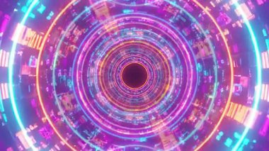 Parlak ışıklandırmalı gelecekçi neon tünel animasyonu, siber punk arka planlar, VJ döngüleri, parti görselleri, müzik videoları ve dijital sanat projeleri için mükemmel.