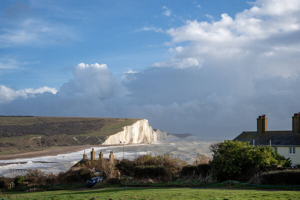 SEAFORD, SUSSEX, UK, DECEMBER 29. View of the Coastguard Cottages at Seaford Head in Sussex on December 29, 2023
