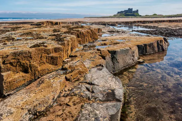 BAMBURGH, NORTHUMBERLAND, UK, AUGUST 15. Shoreline view to Bamburgh Castle in Bamburgh Northumberland on August 15, 2010. Unidentified people.