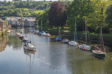 TOTNES, DEVON, İngiltere, 15 Mayıs. Devon 'daki Totnes yakınlarındaki Dart Nehri' ne demirlemiş tekneler 15 Mayıs 2025 'te
