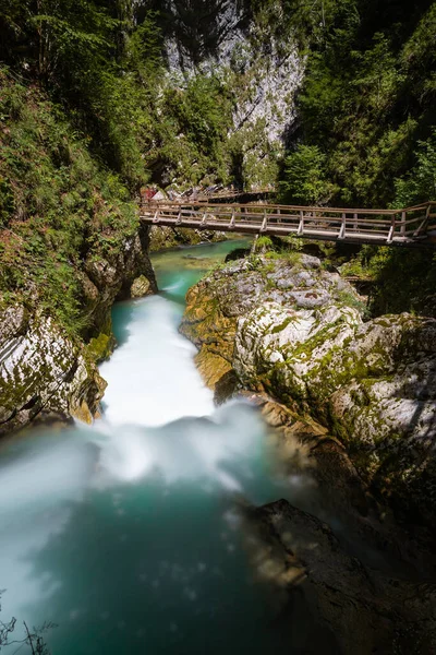 Slovenya 'nın Triglav kentindeki temiz gök mavisi sularıyla güzel Vintgar geçidi