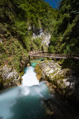 Slovenya 'nın Triglav kentindeki temiz gök mavisi sularıyla güzel Vintgar geçidi