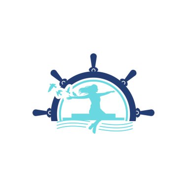 Güzel kız iskelede oturuyor ve etrafı kuşlarla çevrili. Seyahat ve macera kavramı.