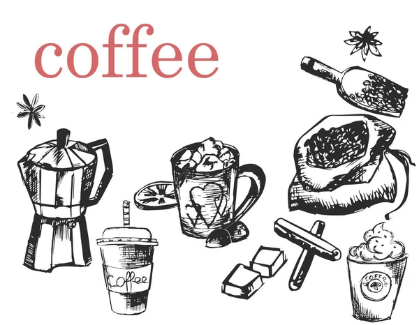 Koffie Drankje Met Hand Getrokken Collectie Schets Grafische Elementen Voor — Stockvector