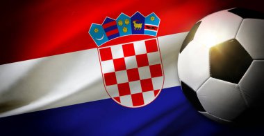 Arka planda çim ve bayrakla klasik top oynanan Hırvatistan milli takımı kompozisyonu. Üst görünüm.