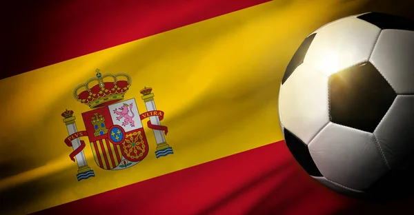 Состав Сборной Испании Классическим Мячом Траве Флагом Заднем Плане Вид — стоковое фото
