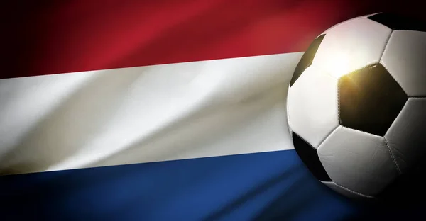 Состав Сборной Нидерландов Классическим Мячом Траве Флагом Заднем Плане Вид — стоковое фото