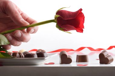 Hand offering a rose and assortment of chocolates served on a plate on a white table with several heart-shaped chocolates and a white isolated background. Front view.