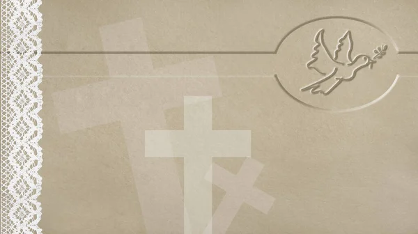 口の中にオリーブの小枝を入れた鳩の宗教的な背景は 描かれた十字やレースの詳細と質感の茶色の背景に刻まれています — ストック写真