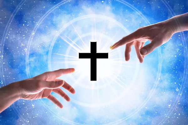 Representation Creation Universe Christian Posture Hands Pointing Cross Flare Background — Stock Photo, Image