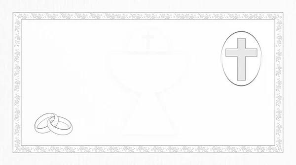 カトリックのクロスリングと花のフレームとシャリネのデザインと質感の白い紙効果とイラスト宗教的な結婚式の背景 — ストック写真