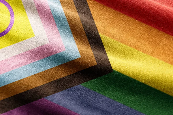 Szczegóły Teksturowanej Tkaniny Kolorach Postępu Flaga Lgbt Związana Zbiorem Różnorodności — Zdjęcie stockowe