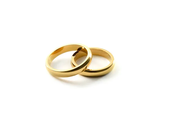 Detail Überlappender Goldener Verlobungsringe Auf Weißem Isoliertem Hintergrund Erhöhter Blick — Stockfoto