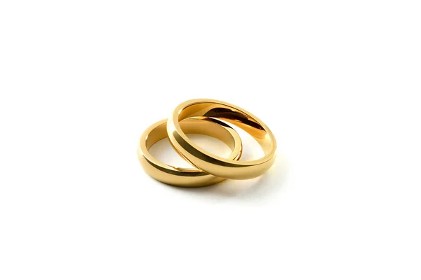 Detail Overlapping Gold Engagement Rings White Isolated Background Elevated View — Stock Photo, Image