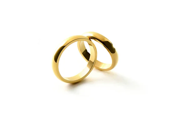 Detalj Förlovning Guldringar Stående Den Andra Vit Isolerad Bakgrund Förhöjd — Stockfoto