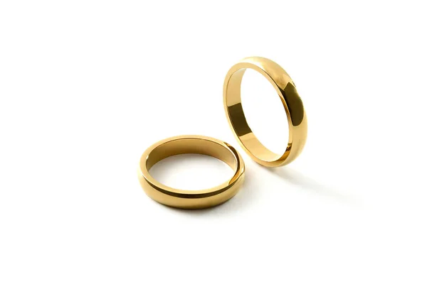 Detail Engagement Gold Rings One Standing Other Lying Next White — Stock Photo, Image
