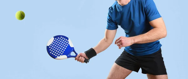 Detail Padel Player Receiving Ball Sports Equipment Blue Isolated Background — Stock Photo, Image