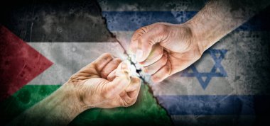 Filistinliler ve İsrailliler arasında yumruklaşan silahlı çatışma kavramı ve her iki ülkenin bayrakları arasında yaşlanma etkisi.