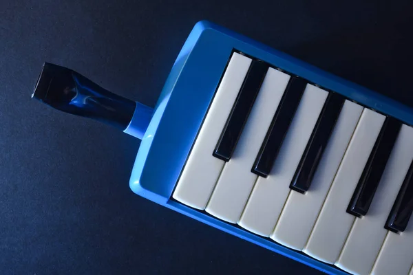 Detail of melodica with mouthpiece to play directly with your hands on a dark table and bluish tone.