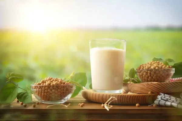 Glass of natural soy drink on wooden table with bowls full of seeds in the field. Front view.