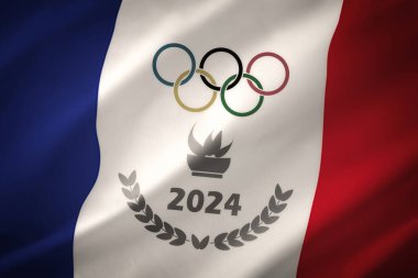 Paris 'teki Olimpiyatlar' ın kavramsal spor geçmişi, kürk yüzüklerinin temsili çizimleri ve yıl ve Fransız bayrağı arkaplanıyla.
