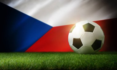 Çek Cumhuriyeti milli takım kompozisyonu ve arka planda çim ve bayrak üzerinde klasik top. Ön görünüm.