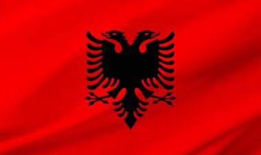 Arnavutluk bayrağının arkaplan ayrıntıları el sallayan kumaş dokusu ile tüm çerçeveyi işgal ediyor.