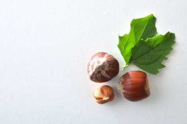 Beyaz arka planda üç fındık ve iki yaprak. Üst görünüm.