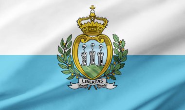 San Marino bayrağının arkaplan ayrıntıları, el sallayan kumaş dokusu ile tüm çerçeveyi işgal ediyor..