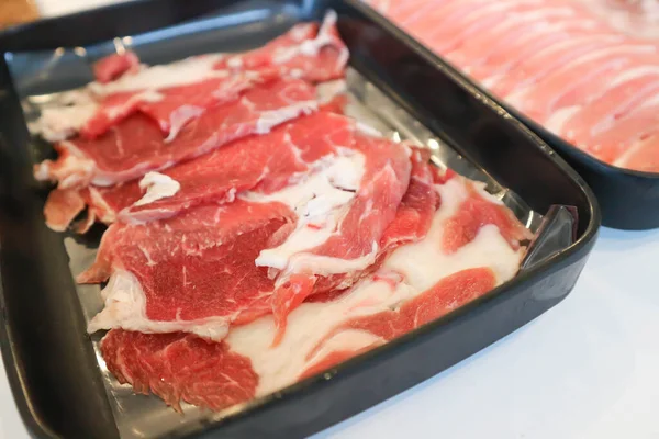 Carne Bovino Crua Cortada Fatias Carne Porco Carne Para Cozinhar — Fotografia de Stock