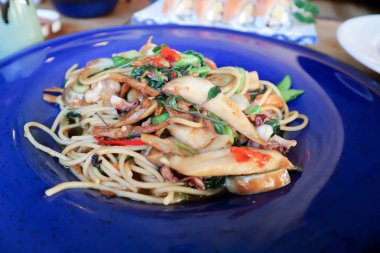 spicy pasta or seafood pasta or spicy spaghetti or seafood spaghetti ,Thai spaghetti for serve