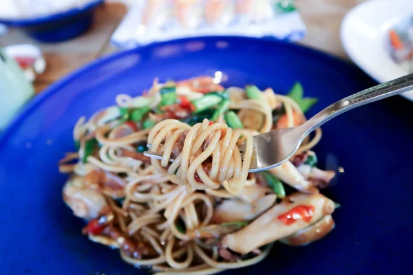 spicy pasta or seafood pasta or spicy spaghetti or seafood spaghetti ,Thai spaghetti for serve