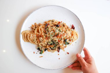 pasta or spicy pasta or spicy spaghetti  ,Spaghettini with Garlic and Dried Chili or dried chili spaghetti for serve