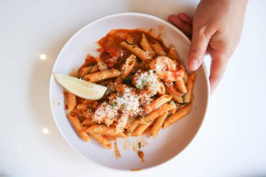 prawn pasta,prawn penne or shrimp pasta or penne prawn with tomato sauce for serve