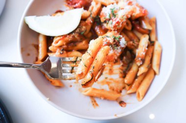 prawn pasta,prawn penne or shrimp pasta or penne prawn with tomato sauce for serve