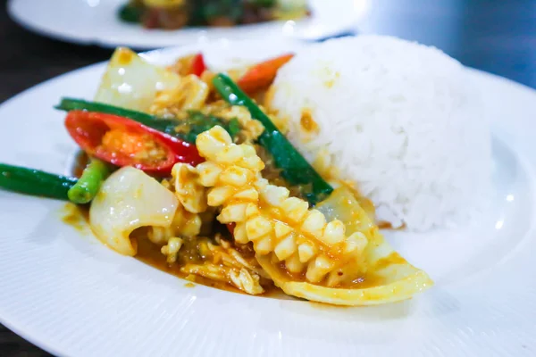 Gebratene Tintenfische Gelbem Curry Umrühren Oder Gebratenen Tintenfisch Und Reis — Stockfoto