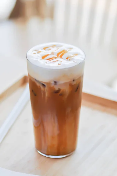 Hete Koffie Karamel Latte Koffie Met Karamel Topping — Stockfoto