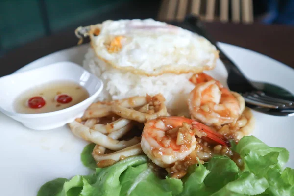 Stir Fried Seafood Stir Fried Squid Stir Fried Shrimp Rice — Stock Photo, Image