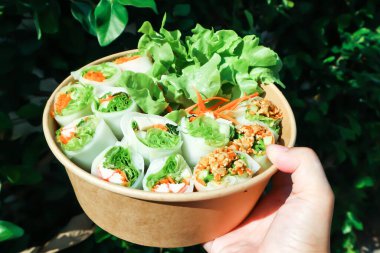 Sebzeli dürüm veya erişte rulosu veya pirinç eriştesi veya kutuda Vietnam dürümü.