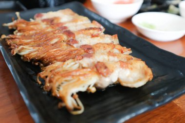 bacon wrapped hinoki, bacon wrapped mushroom or grilled bacon and wasabi