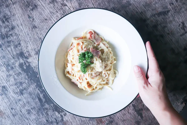 spaghetti , pasta or spaghetti carbonara or pasta carbonara for serve