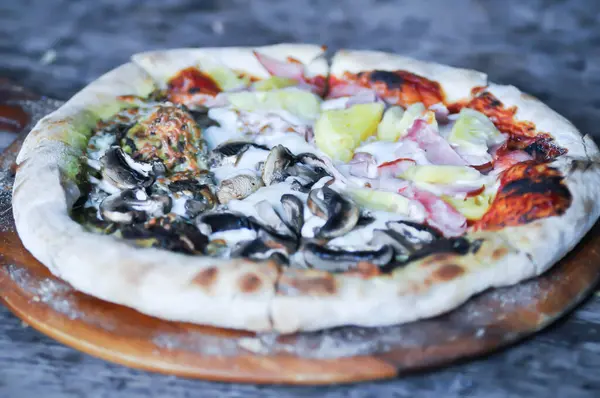 Hawaiian pizza and pesto mushroom pizza ,half and half topping pizza or split half topping pizza or Italian pizza