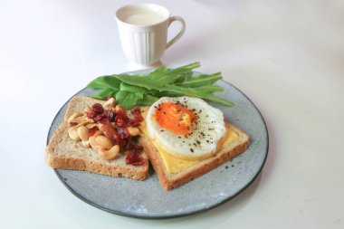 Yumurta ve peynirli ekmek ya da yumurta, marul ve bademi kurutulmuş yaban mersini ve sütle servis etmek.