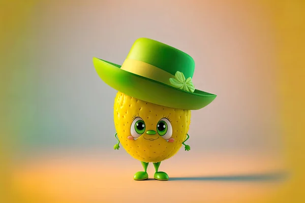 Cheerful lemon in a hat, cartoon illustration, bright colors, background