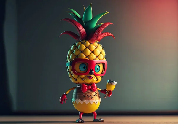 Cheerful pineapple, character, cartoon illustration, bright colors, background