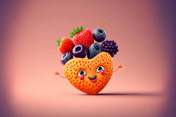 Cheerful fruit composition, character, cartoon illustration, bright colors, background