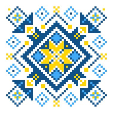 Beyaz arka planda ulusal renklerde örgü iğneleriyle işlenmiş Ukrayna süsü. Ukrayna bayrağı. Ukrayna nakış taşıyıcısı. Norveçli Jacquard. Ukrayna halk kıyafetleri. Nakış için desenler