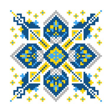 Beyaz arka planda ulusal renklerde örgü iğneleriyle işlenmiş Ukrayna süsü. Ukrayna bayrağı. Ukrayna nakış taşıyıcısı. Norveçli Jacquard. Ukrayna halk kıyafetleri. Nakış için desenler